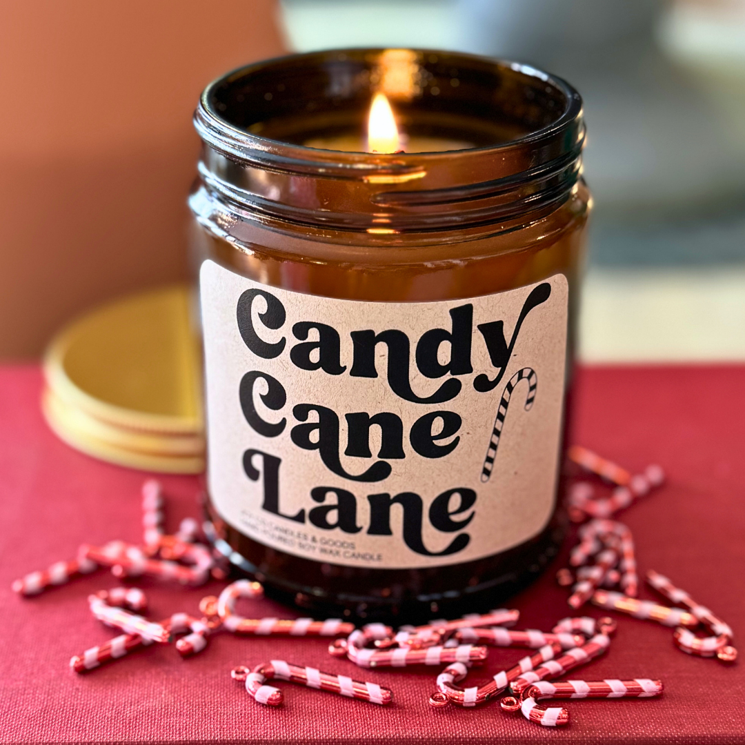 Candy Cane Lane Candle, Groovy Christmas Collection, Peppermint Scented Candle, Christmas Gifts, Holiday Decor, 100% Soy Wax 9 oz Candle, 50 Hour Burn Time, Recyclable Amber Glass Jar, Made in the USA