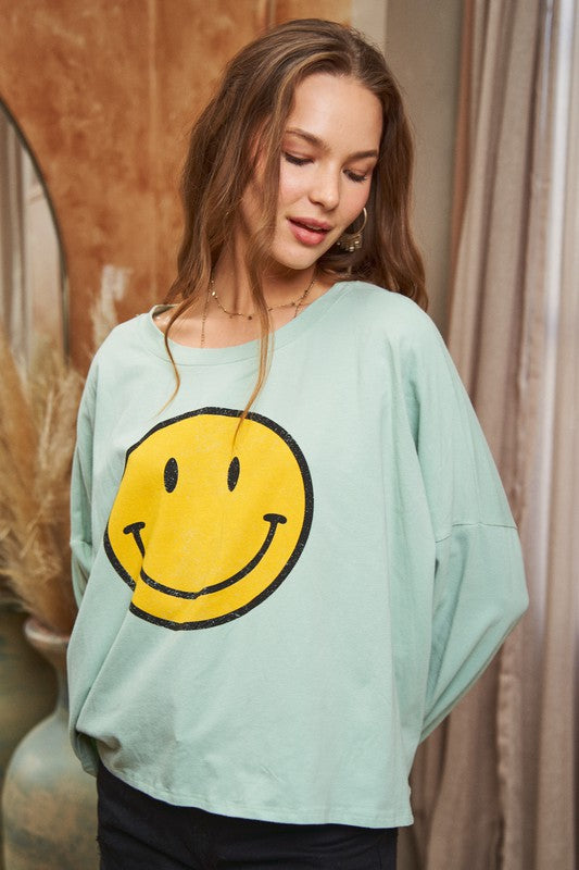 Smiley Face Long Sleeve Crop Top Plus