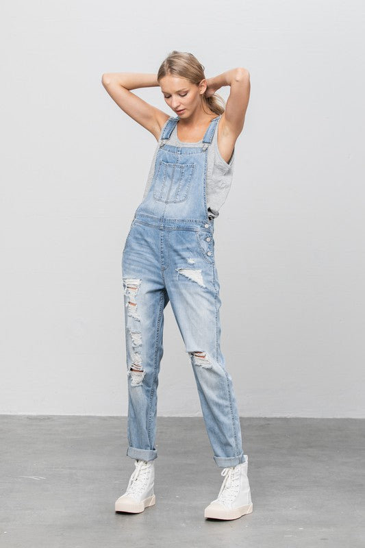 Patch Pocket Ripped Denim Overalls