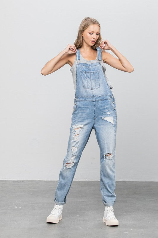 Patch Pocket Ripped Denim Overalls