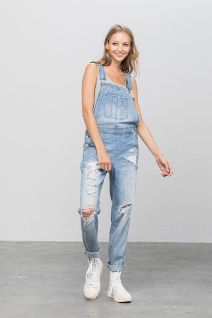 Patch Pocket Ripped Denim Overalls