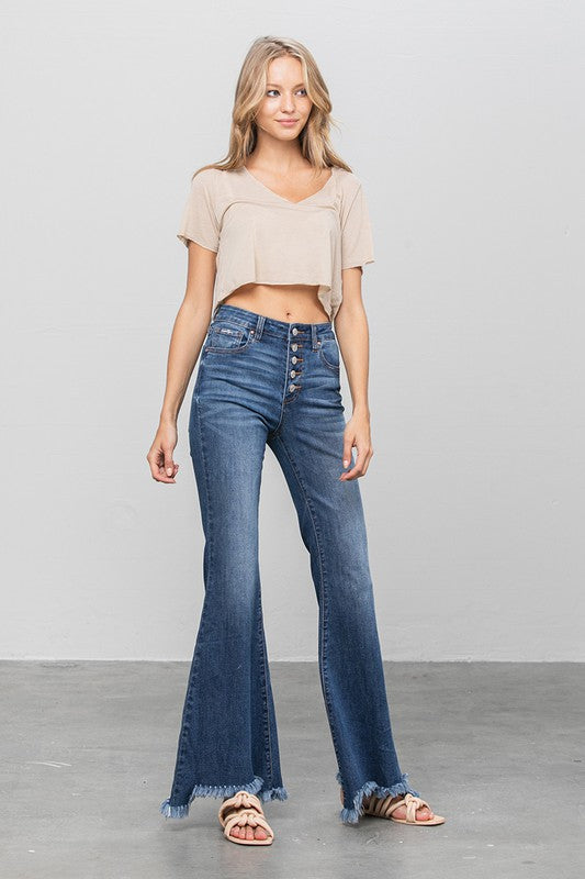 Button Fly Fray Hem Flare Jeans