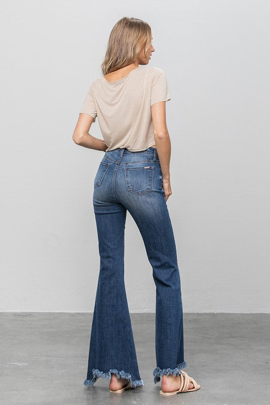 Button Fly Fray Hem Flare Jeans