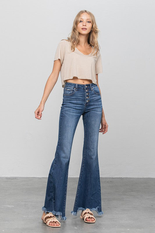 Button Fly Fray Hem Flare Jeans