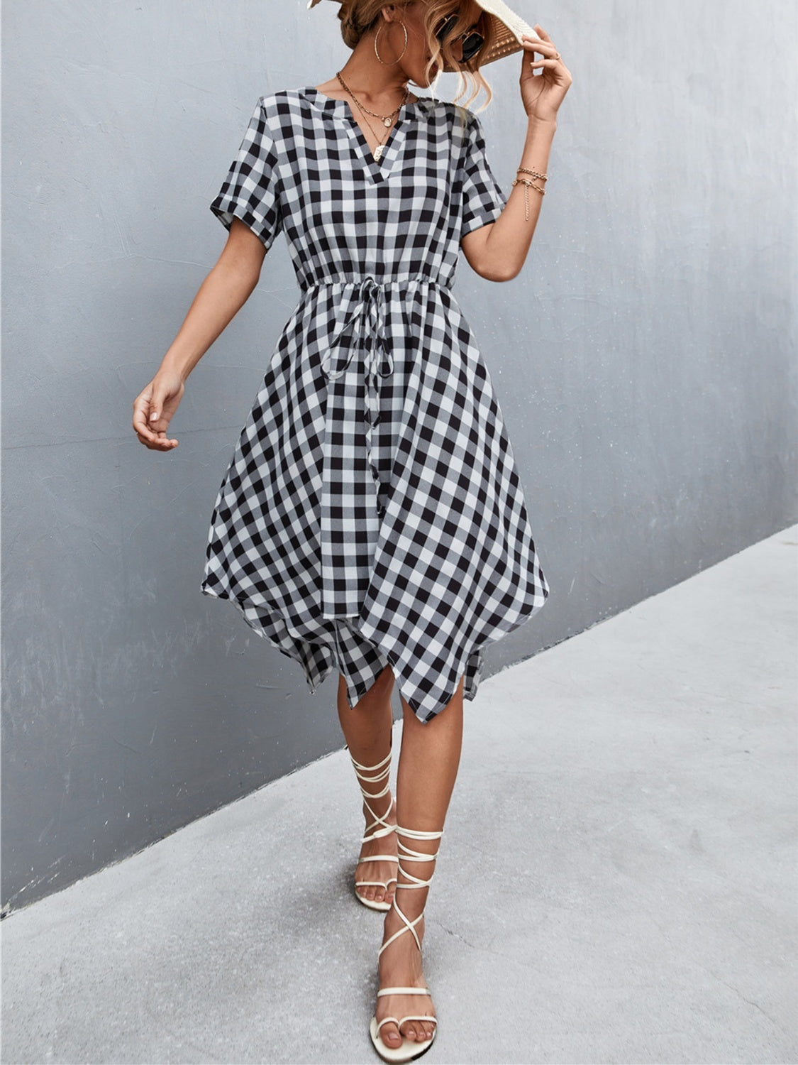 Plaid Notched Short Sleeve Dress