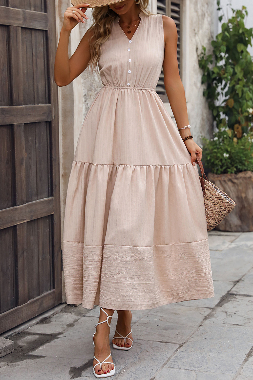 Decorative Button Notched Tiered Dress