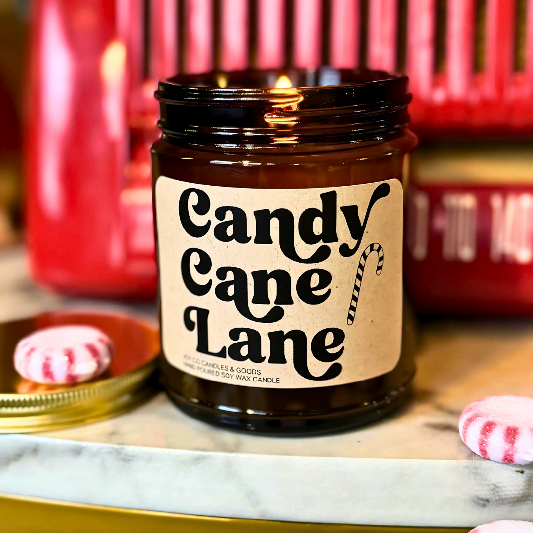 Candy Cane Lane Candle, Groovy Christmas Collection, Peppermint Scented Candle, Christmas Gifts, Holiday Decor, 100% Soy Wax 9 oz Candle, 50 Hour Burn Time, Recyclable Amber Glass Jar, Made in the USA