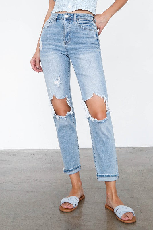 High Waist Destroyed Hem Boyfriend Jeans