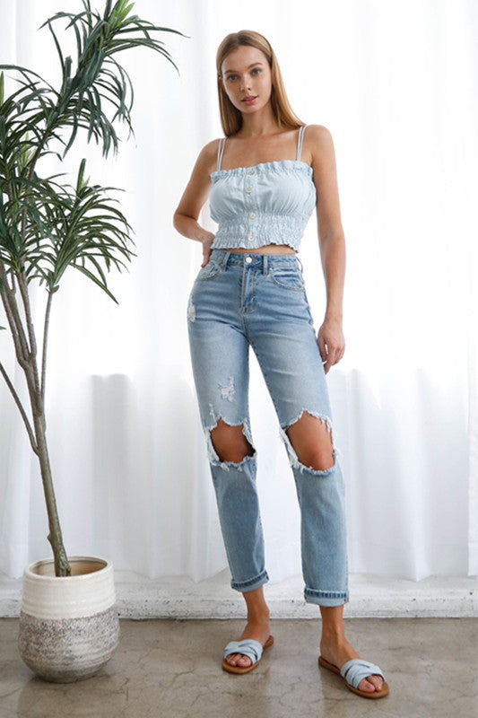 High Waist Destroyed Hem Boyfriend Jeans