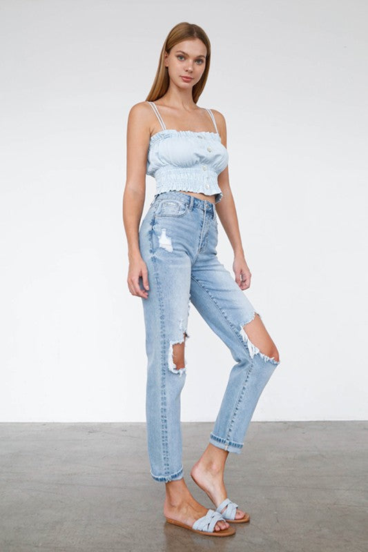 High Waist Destroyed Hem Boyfriend Jeans