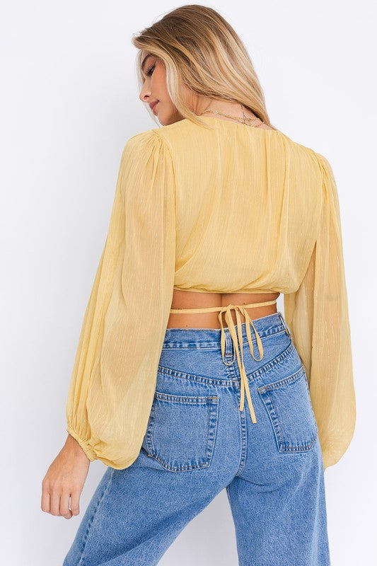 Balloon Long Sleeve Criss Cross Crop Top