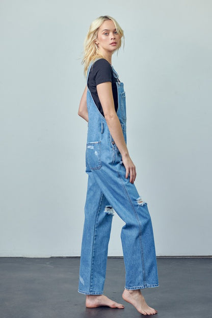 Pocket Patched Ripped Denim Overalls