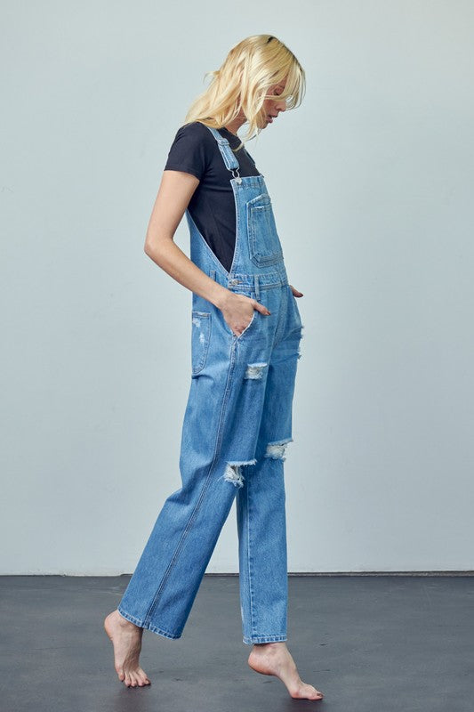 Pocket Patched Ripped Denim Overalls