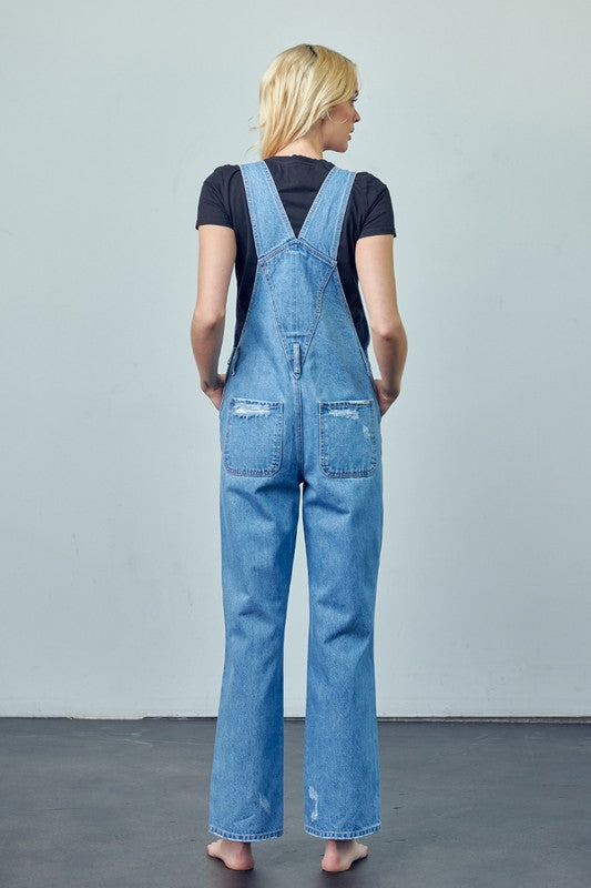 Pocket Patched Ripped Denim Overalls