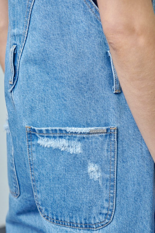 Pocket Patched Ripped Denim Overalls