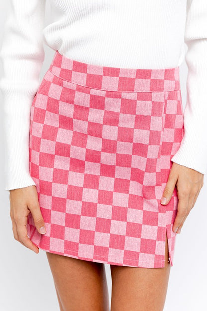 Checkerboard Print Slit Mini Skirt