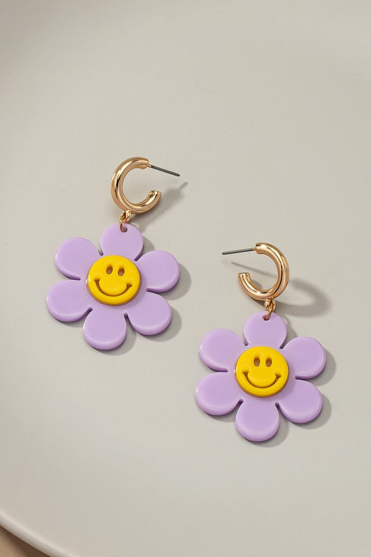 Huggie hoop dangling flower smiley face earrings