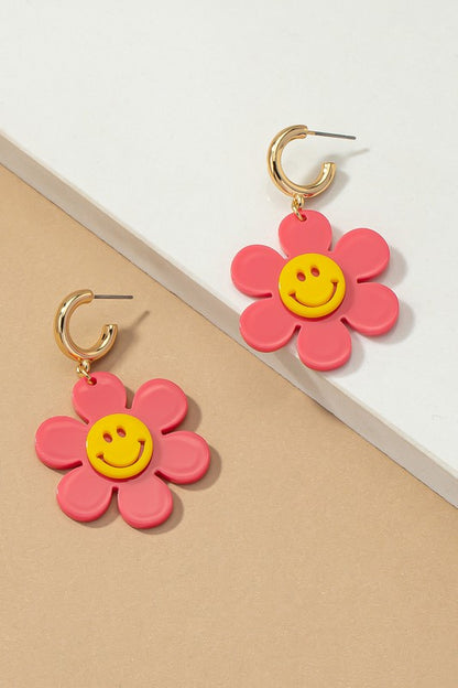 Huggie hoop dangling flower smiley face earrings