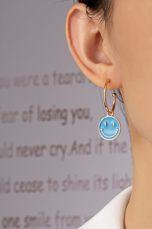 Smiley face charm hoop earrings