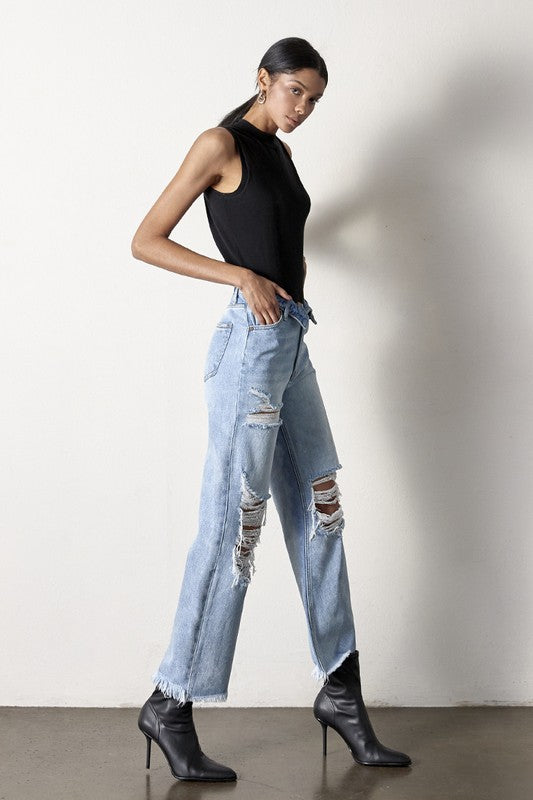 Frayed Flip Waist Straight Jeans