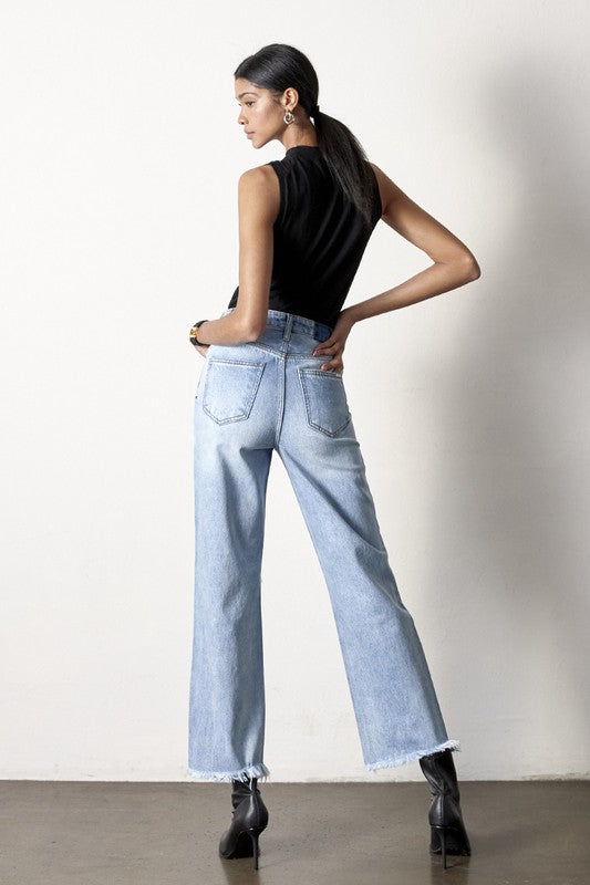 Frayed Flip Waist Straight Jeans