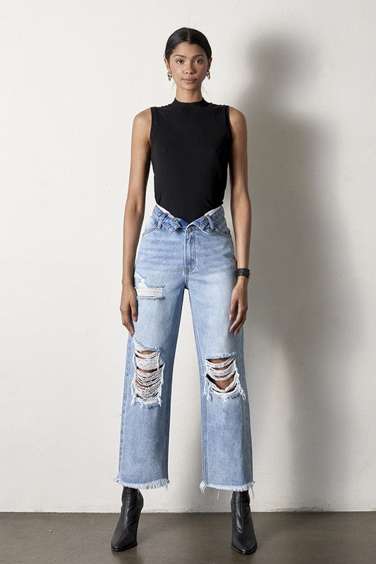 Frayed Flip Waist Straight Jeans