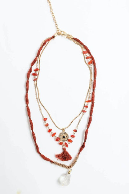 Carnelian &amp; Crystal Drop Multi Layered Necklace