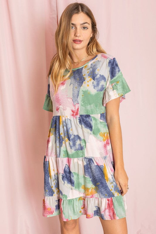 Tie Dye  Ruffle Triple Tiered Midi Dress