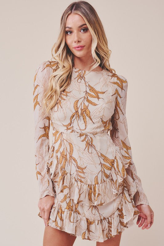 Printed Ruffle Long-Sleeved Tiered Mini Dress