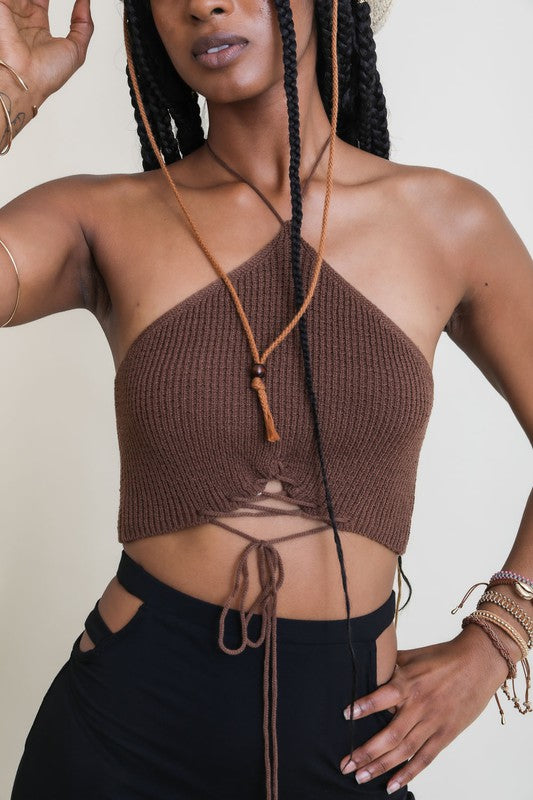 Lace-Up Halter Knit Bralette