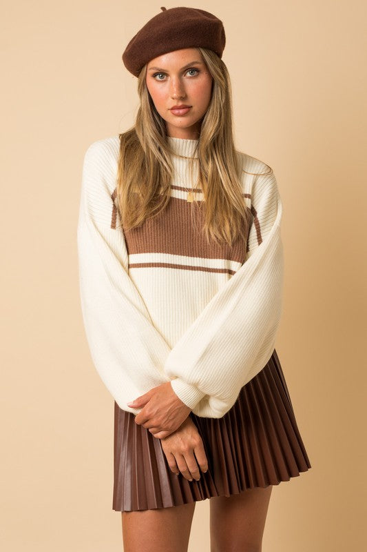 Contrast Stripe Mock Neck Sweater