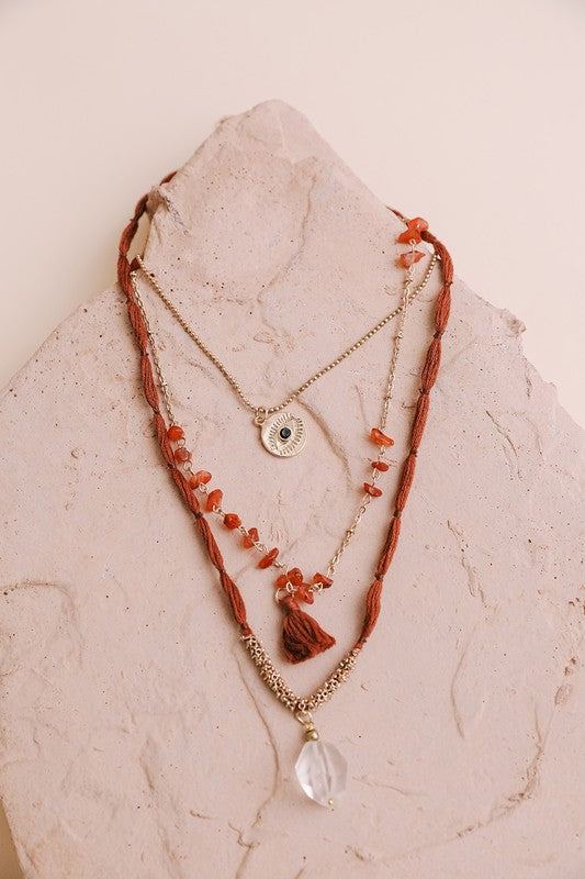 Carnelian &amp; Crystal Drop Multi Layered Necklace