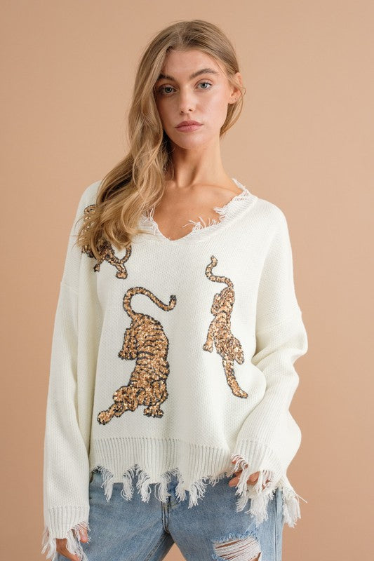 Frayed Edge Sequin Tiger Sweater