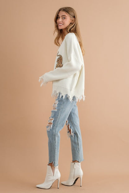 Frayed Edge Sequin Tiger Sweater