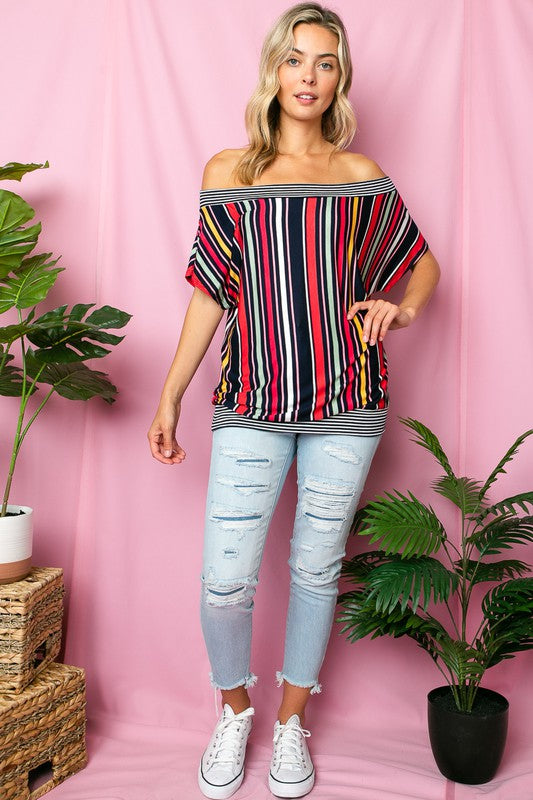 PLUS MULTI STRIPE OFF SHOULDER TOP