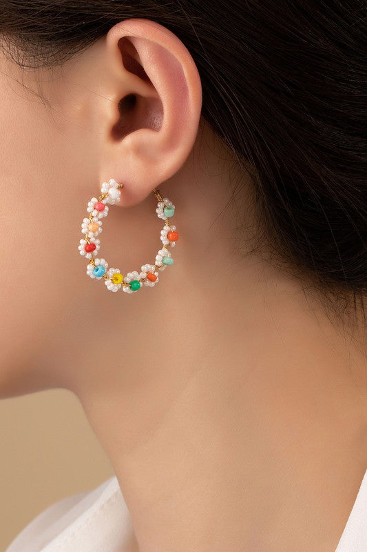 Hand done mini seed bead flower hoop earrings