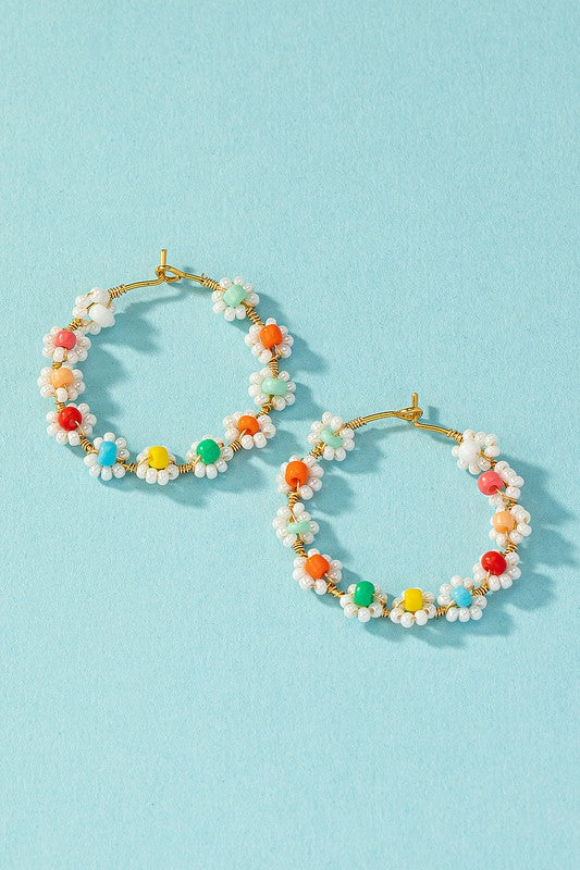 Hand done mini seed bead flower hoop earrings