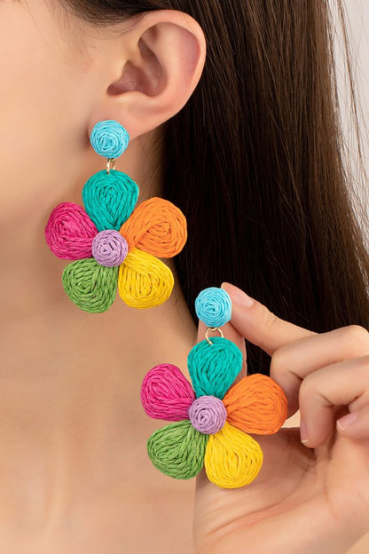 Large raffia straw flower drop earrings