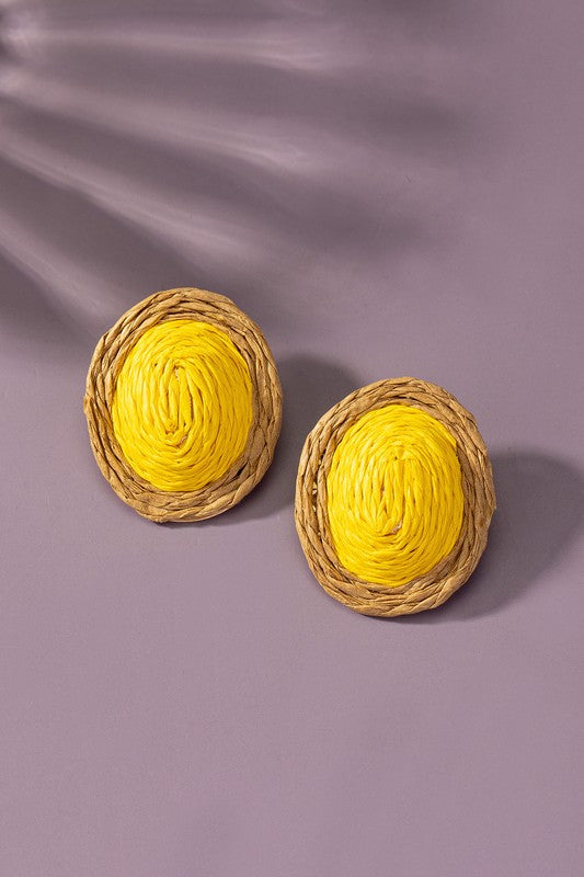 raffia straw button stud earrings