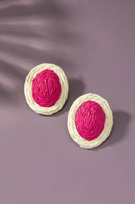 raffia straw button stud earrings