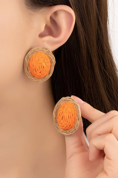 raffia straw button stud earrings