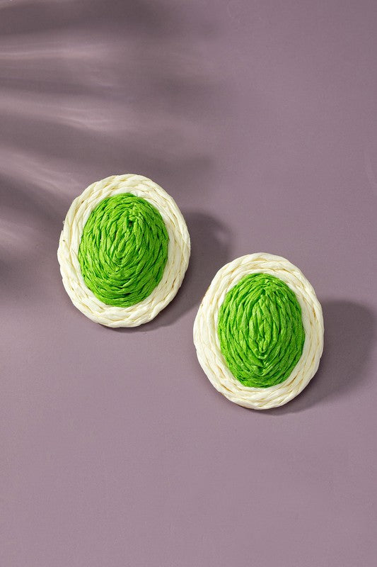 raffia straw button stud earrings