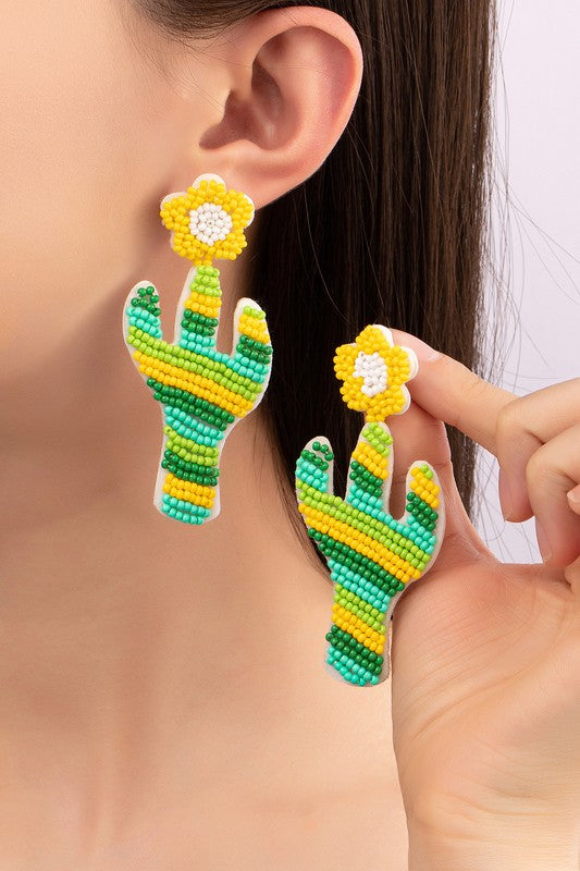 Seed bead cactus and flower drop earrings