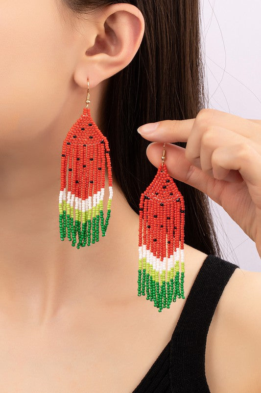 Seed bead water melon drop earrings