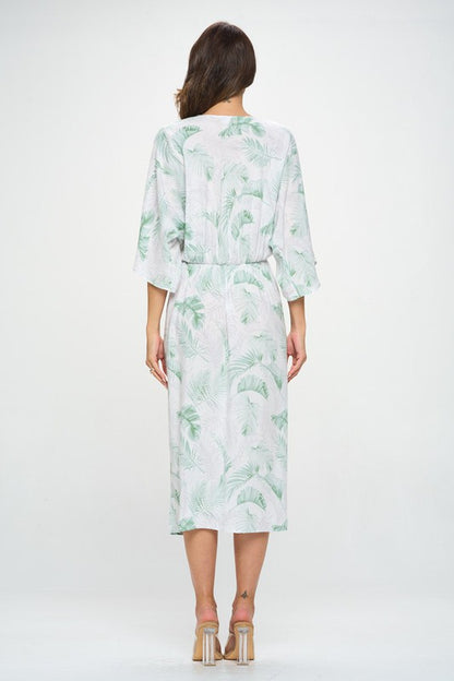 Tropical Leaf Print Kimono Dress with Front Twist