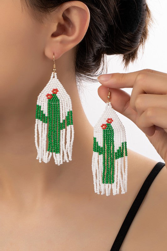 Cactus with flowers seed bead earrings