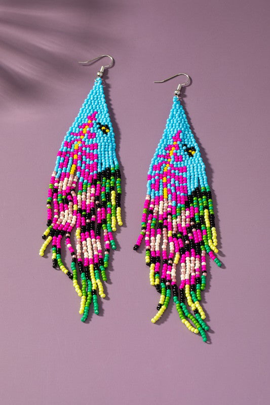 Blue and fuchsia flower seed bead drop earrings