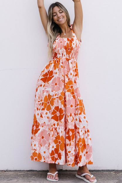 Floral Tie-Shoulder Smocked Maxi Dress