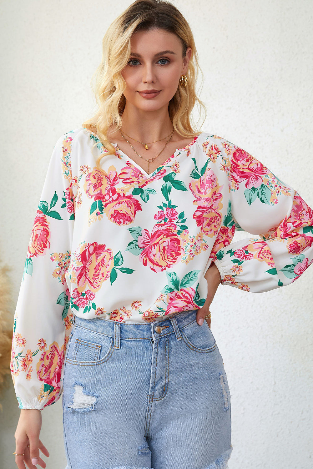 Double Take Floral Notched Neck Long Sleeve Blouse