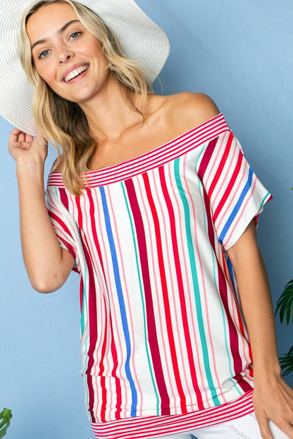 PLUS MULTI STRIPE OFF SHOULDER TOP